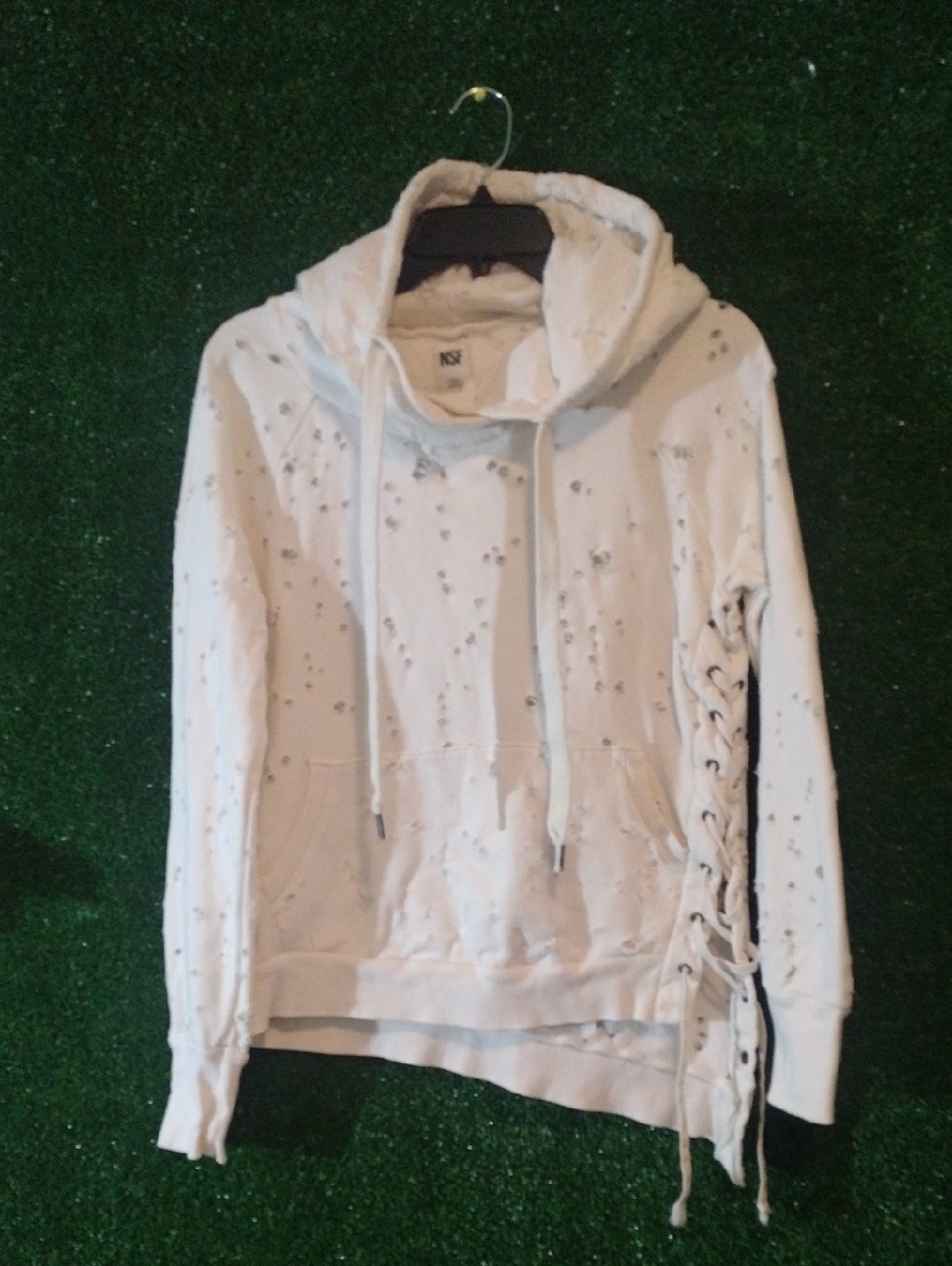 Nsf Distressed Lace-Up Hoodie in Off-White - Women Tops
